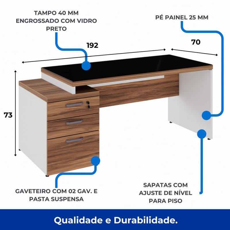 Mesa para Escritório com VIDRO FUMÊ – 1,92×0,70m – NOGAL SEVILHA/BRANCO – 34430 CADEIRAS RENOVA 3