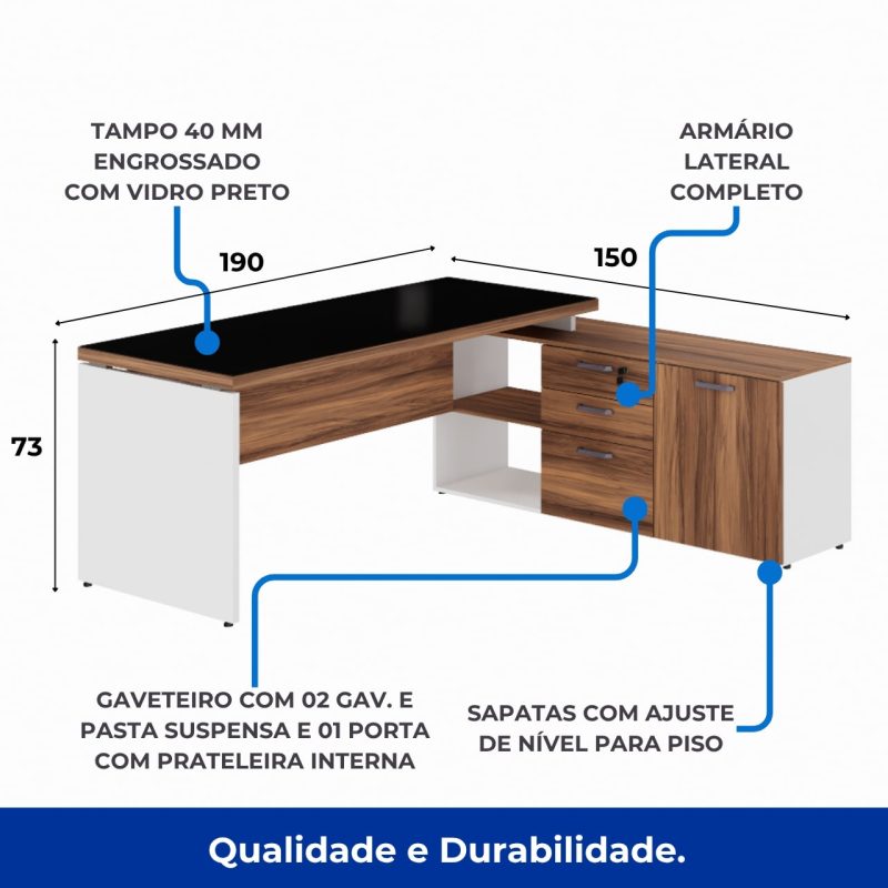 Mesa Diretorzinha c/ Aparador e Vidro Fumê – Pé de MADEIRA – 1,90×1,50m – NOGAL SEVILHA / BRANCO – 34429 CADEIRAS RENOVA 3