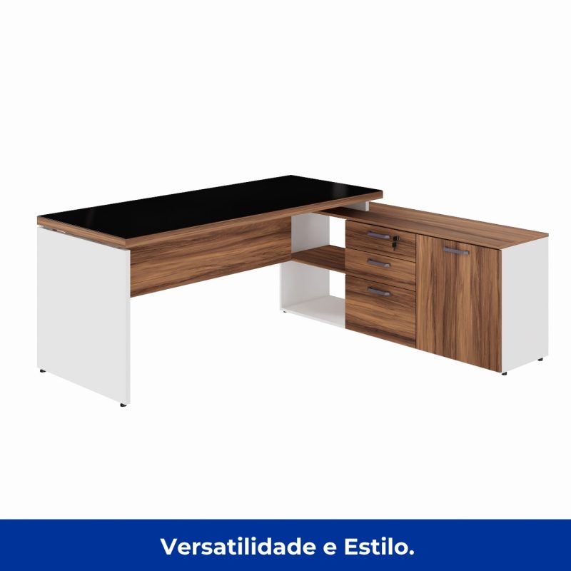 Mesa Diretorzinha c/ Aparador e Vidro Fumê – Pé de MADEIRA – 1,90×1,50m – NOGAL SEVILHA / BRANCO – 34429 CADEIRAS RENOVA 7