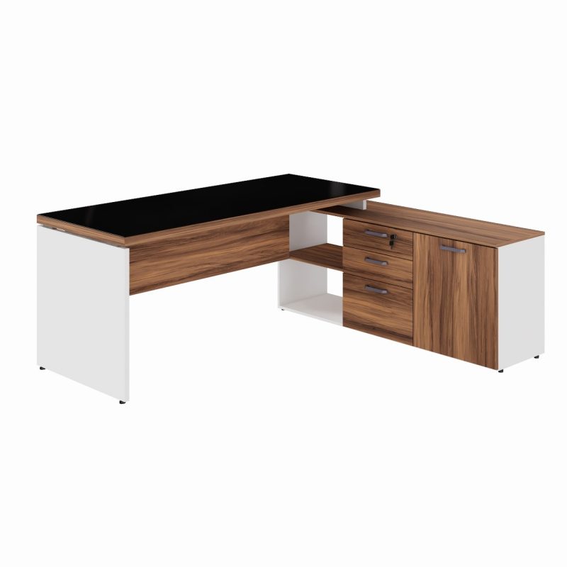 Mesa Diretorzinha c/ Aparador e Vidro Fumê – Pé de MADEIRA – 1,90×1,50m – NOGAL SEVILHA / BRANCO – 34429 CADEIRAS RENOVA 2