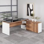 Mesa Diretorzinha c/ Aparador e Vidro Fumê – Pé de MADEIRA – 1,90×1,50m – NOGAL SEVILHA / BRANCO – 34429 CADEIRAS RENOVA 18