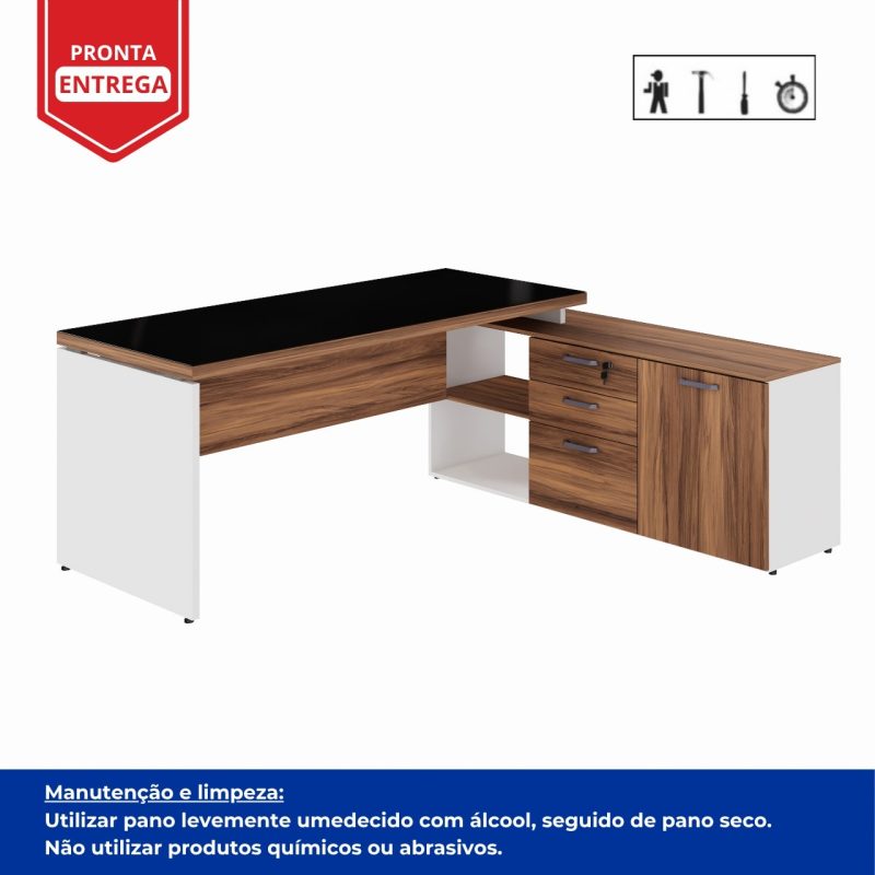 Mesa Diretorzinha c/ Aparador e Vidro Fumê – Pé de MADEIRA – 1,90×1,50m – NOGAL SEVILHA / BRANCO – 34429 CADEIRAS RENOVA 5