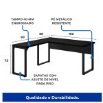 Mesa em L PÉ QUADRO (Mesa 1,50m + Mesa Auxiliar) – S/ Gavetas – PRETO / PRETO – 26010 CADEIRAS RENOVA 14