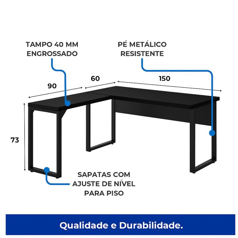 Mesa em L PÉ QUADRO (Mesa 1,50m + Mesa Auxiliar) – S/ Gavetas – PRETO / PRETO – 26010 CADEIRAS RENOVA 6