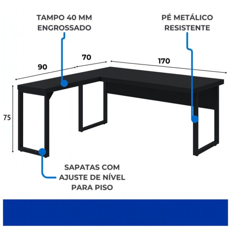 Mesa em L PÉ QUADRO (Mesa 1,70m + Mesa Auxiliar) – S/ Gavetas – PRETO / PRETO – 26011 CADEIRAS RENOVA 6
