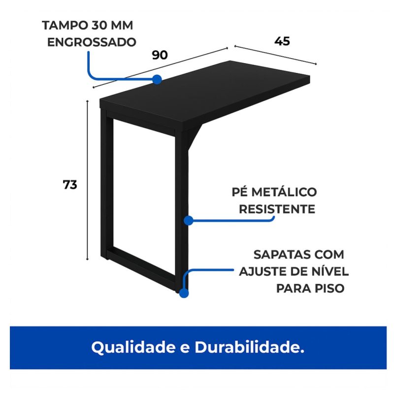 Mesa em L PÉ QUADRO (Mesa 1,70m + Mesa Auxiliar) – S/ Gavetas – PRETO / PRETO – 26011 CADEIRAS RENOVA 8