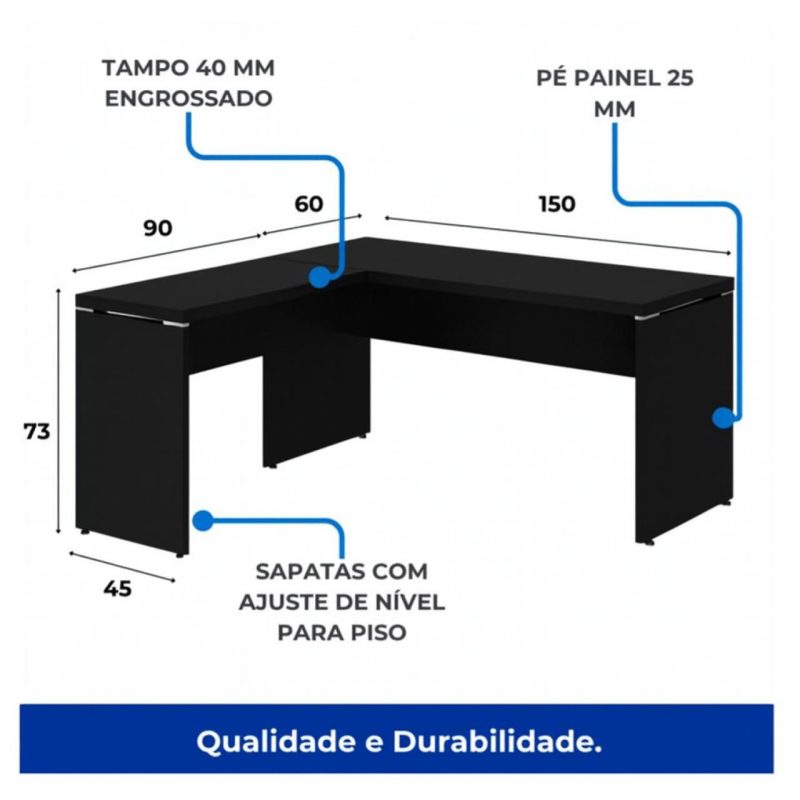 Mesa em L PÉ PAINEL (Mesa 1,50m + Mesa Auxiliar) – S/ Gavetas – PRETO / PRETO – 26012 CADEIRAS RENOVA 6