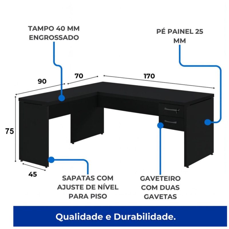 Mesa em L PÉ PAINEL (Mesa 1,70m + Mesa Auxiliar) – S/ Gavetas – PRETO / PRETO – 26013 CADEIRAS RENOVA 8