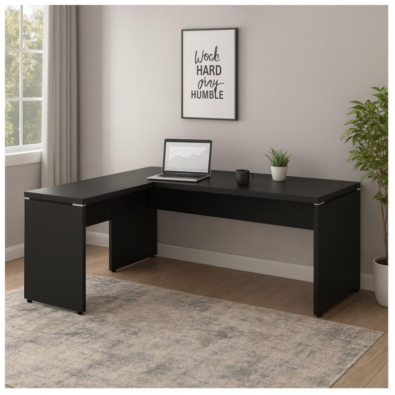Mesa em L PÉ PAINEL (Mesa 1,70m + Mesa Auxiliar) – S/ Gavetas – PRETO / PRETO – 26013 CADEIRAS RENOVA 9